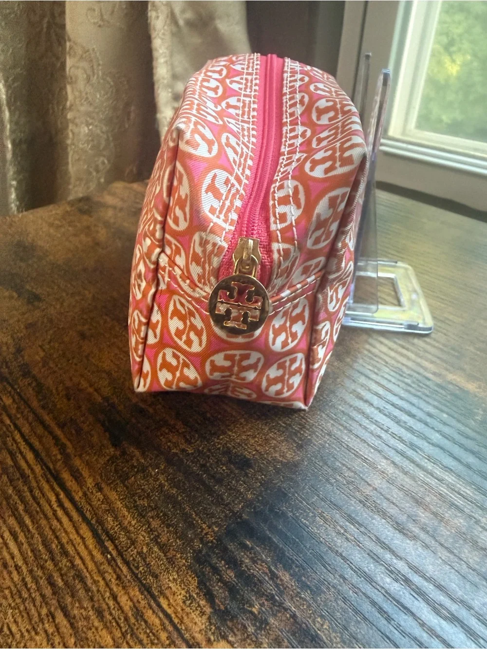 Two Tory Burch Pink and Orange Logo Zip Pouch